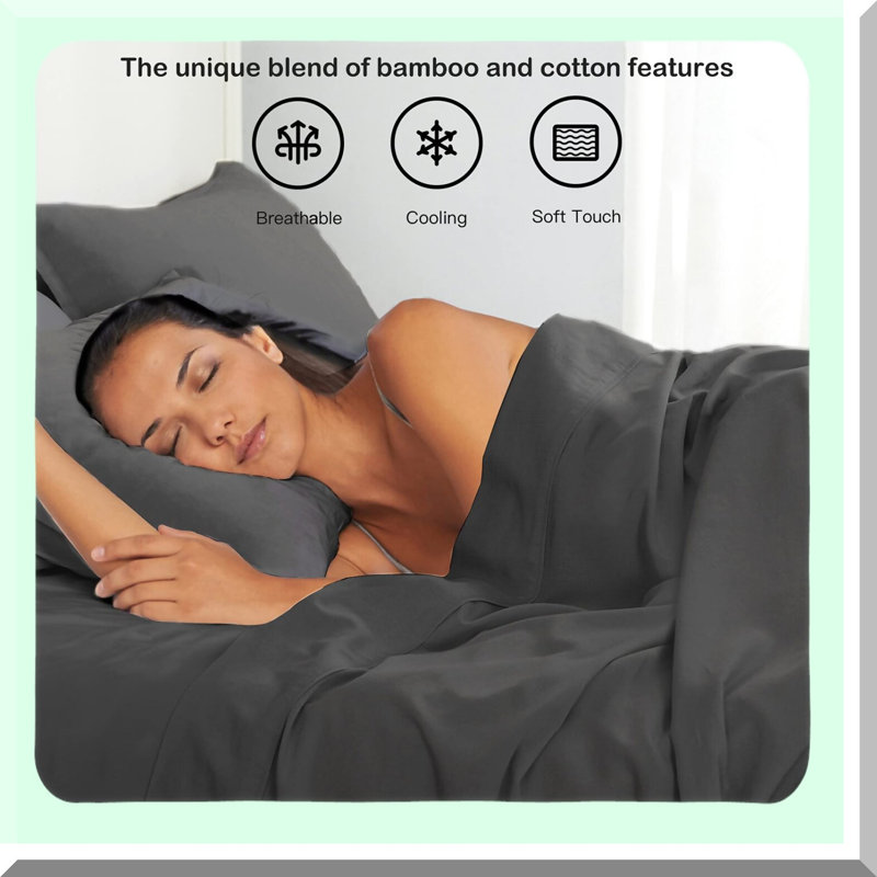 BambooCool LinenBlend Queen Sheets - Charcoal Grey, Soft & Breathable for Hot Sleepers. Natural, Deep Pocket 4 Piece Set