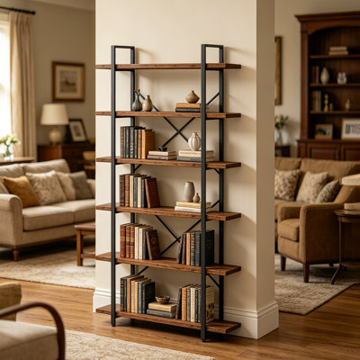 6 Tier Bookshelf, Vintage Industrial Wooden Display And Storage Bookcase With Metal Frame For Home Office