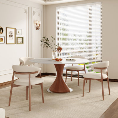 Modern Round Dining Table with Sintered Stone Top & Solid Wood Pedestal Base for 4-6