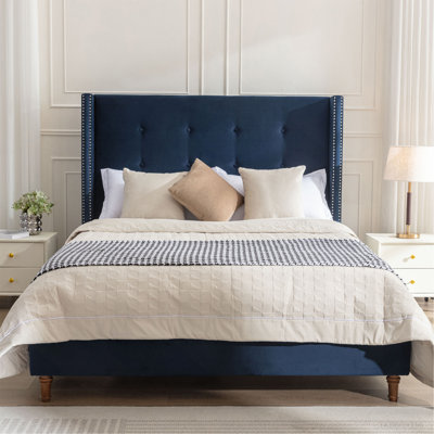 Peyton Upholstered Queen Bed / 54" High Headboard / Traditional Hand Buttoned Tufting / Nailhead Trim Wingback / No Box Spring Needed / Easy Assembly / Blue Velvet