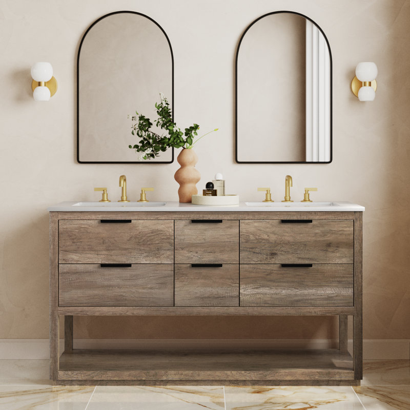 Felicity 60'' Double Bathroom Vanity with Engineered Marble Top, Natural Oak