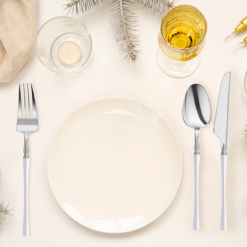 Fourchettes de table jetables en argent avec poignée blanche Moderno