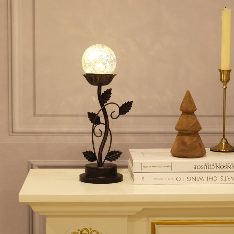 Lampe de table à DEL avec table de chevet et ampoule à DEL en forme de boule de verre craquelée avec lampe de bureau en feuille de métal bronze