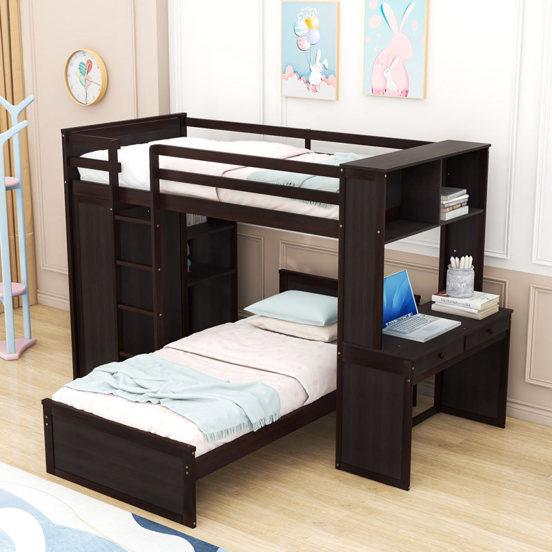 Asgun Wood Bunk Bed with Shelves,Desk and Drawer, Twin Over Twin, Espresso