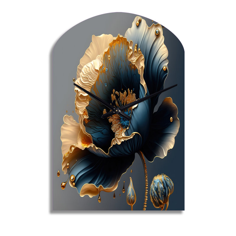 Horloge murale en métal bleu foncé et doré - fleur, Moyenne