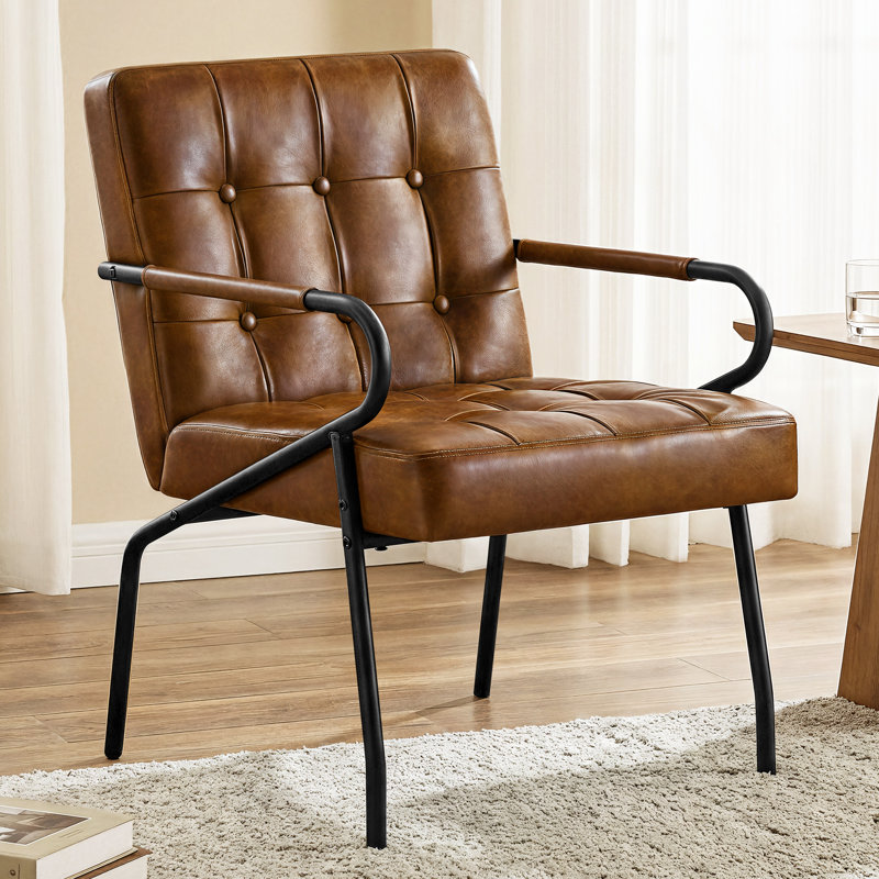 Fauteuil d'appoint rembourré en cuir avec coussin épais 21,3 po Mid-Century, Brun