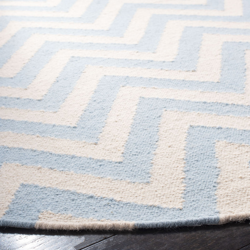 Tapis bleu / ivoire en laine et coton tissé à la main Rodgers, Rond 6 pi