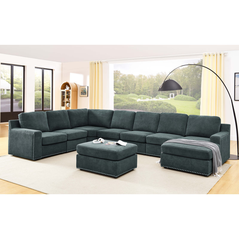 Aindriu 151.5" Wide Reversible Modular Large Sectional, Green Polyester