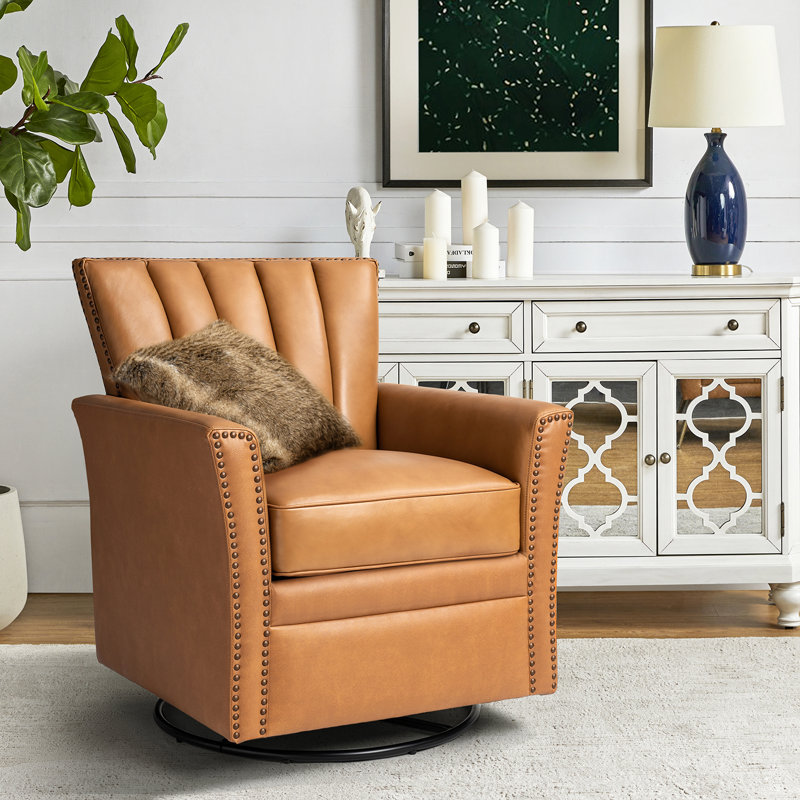 Heilig Genuine Leather Swivel Rocker Armchair, Camel Genuine Leather