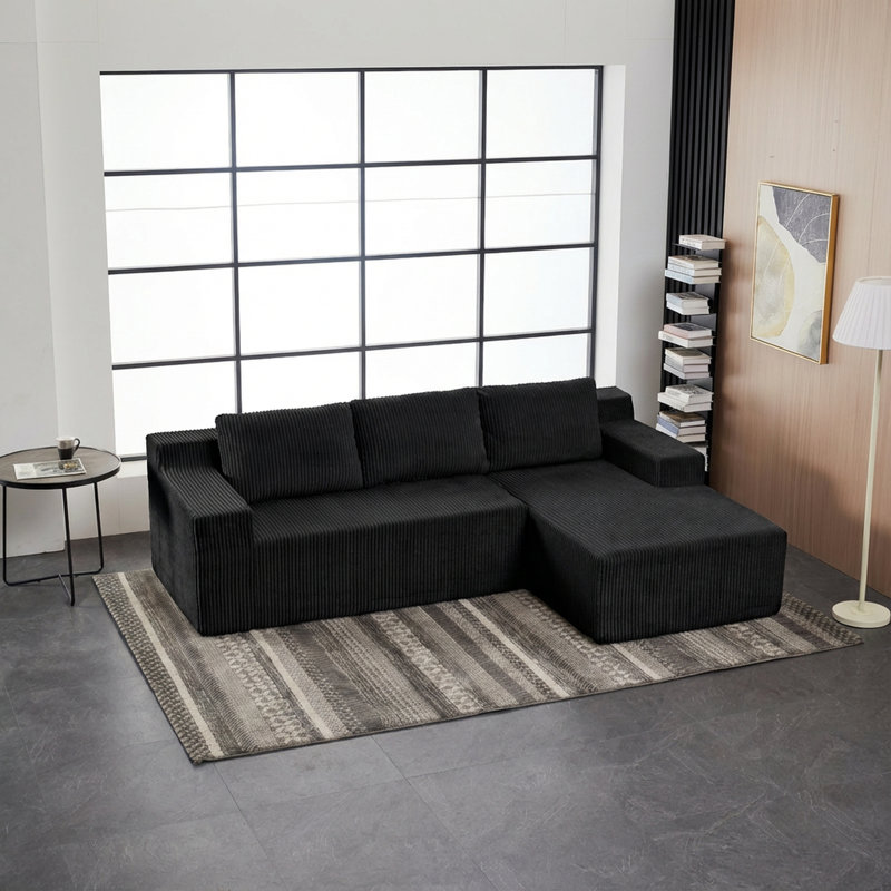 Canapé d'angle modulaire en velours côtelé gris, garni de mousse comprimée, idéal pour le salon, la chambre à coucher et l'appartement.