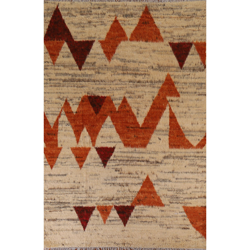 Tapis beige en laine noué à la main de conception unique 6 pi 9 po x 9 pi 4 po New Age