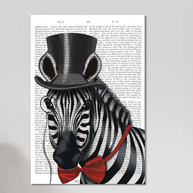 «Sideway Zebra with Top Hat and Bow Tie I», impression sur toile, H 18 po x l 12 po x P 1,5 po, Toile tendue, Pas de tapis