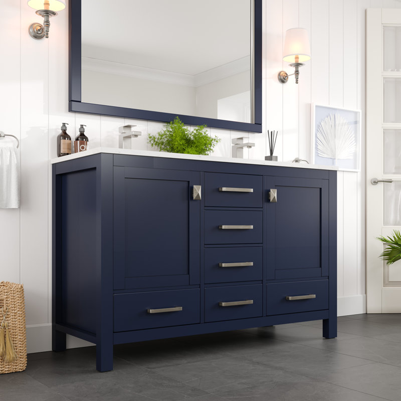 London 54" Blue Solid Wood Double Sink Bathroom Vanity with Quartz Top