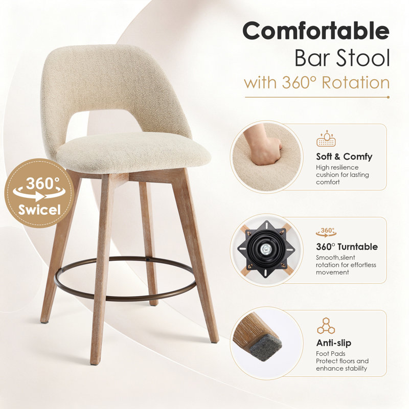 Wylee 26.8" Mid-Century Modern Swivel Upholstered Counter Stool with Curved Back and Solid Rubberwood Frame for Kitchen Island