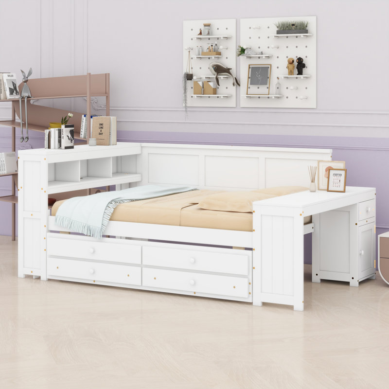 All-In-One Storage Daybed With Trundle, Charging Station, LED Lighting, Integrated Desk And Cabinet, White