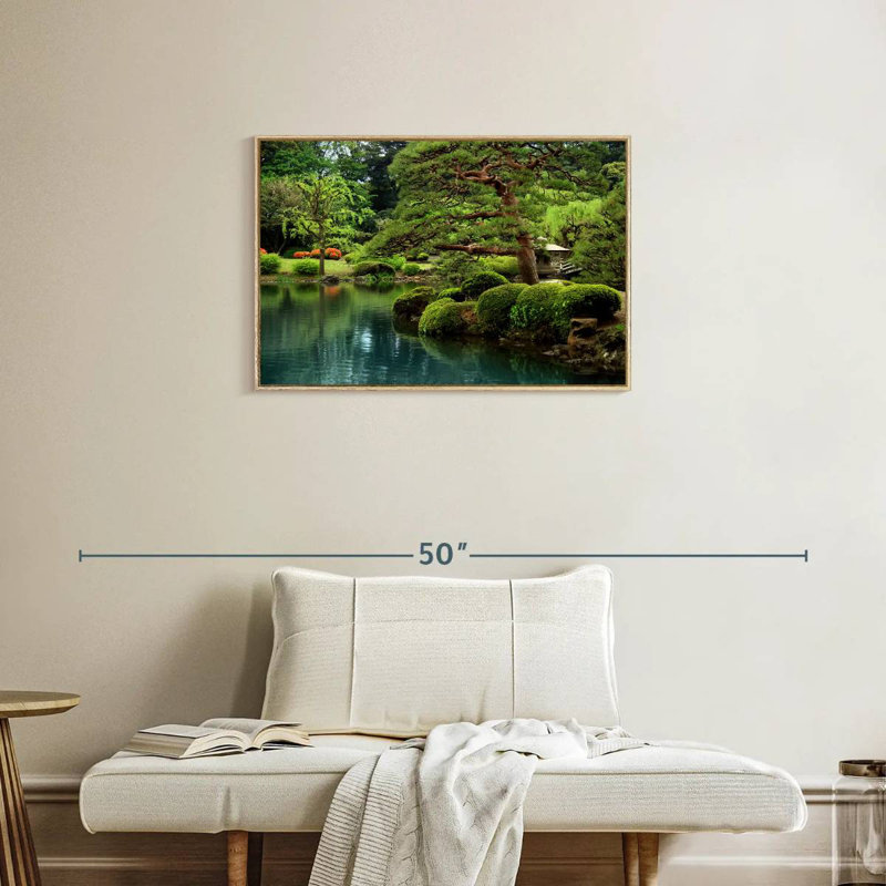 Bonsaï zen au bord du lac, 31 po x 21 po, Cadre flottant en bois naturel
