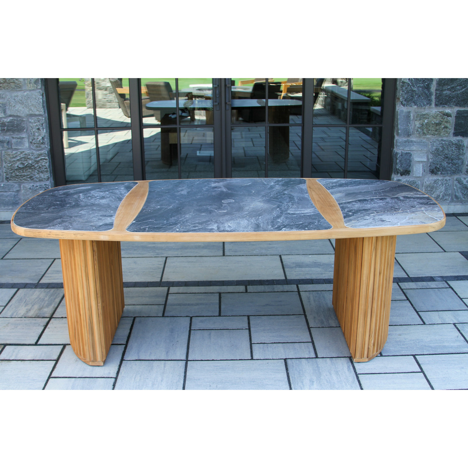 Estate Oval Fluted Teak & Orobico Sintered Stone Dining Table, Gray