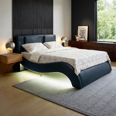 Lit modulaire très grand VARELON avec lumières DEL, haut-parleurs Bluetooth et tête de massage - Ambiance réglable et contrôle multifonctionnel