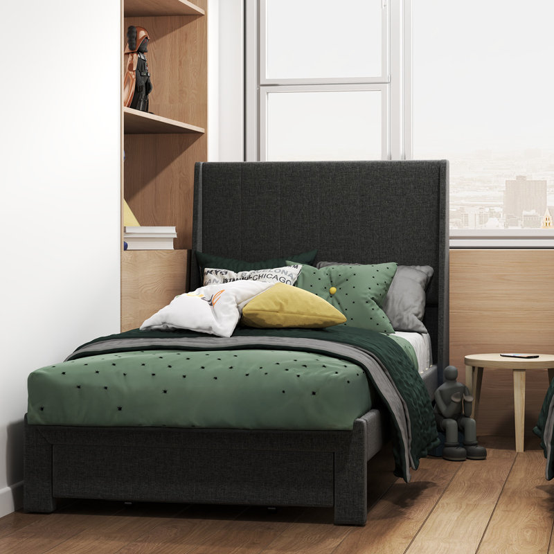 Structure de lit rembourrée avec tiroirs de rangement et port USB Type-C pour chambres d'adolescent, Gris, Lit simple