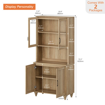 Bibliothèque Corretta 183 cm (H) x 86 cm (L) avec portes vitrées et armoire de rangement en bois, étagère à livres à 5 niveaux de style campagnard, bibliothèque en bois pour salon, bureau, cuisine, chêne
