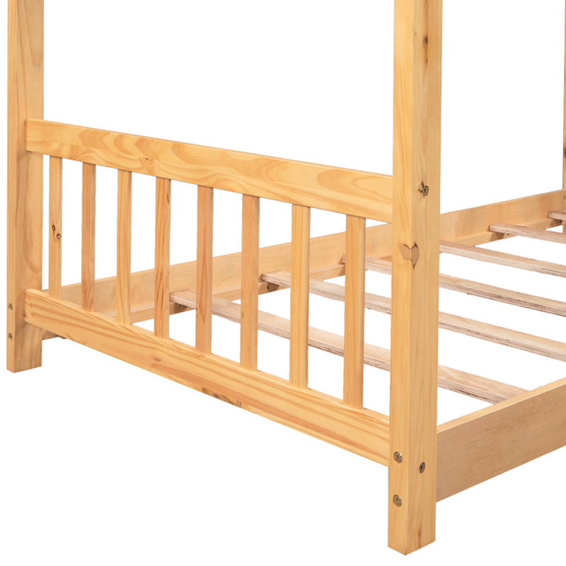 Natural Twin Size Platform Bed With House Shape. Wood Frame For Bedroom Use And Decoration Headboard . Pine. Fashionable Furniture
