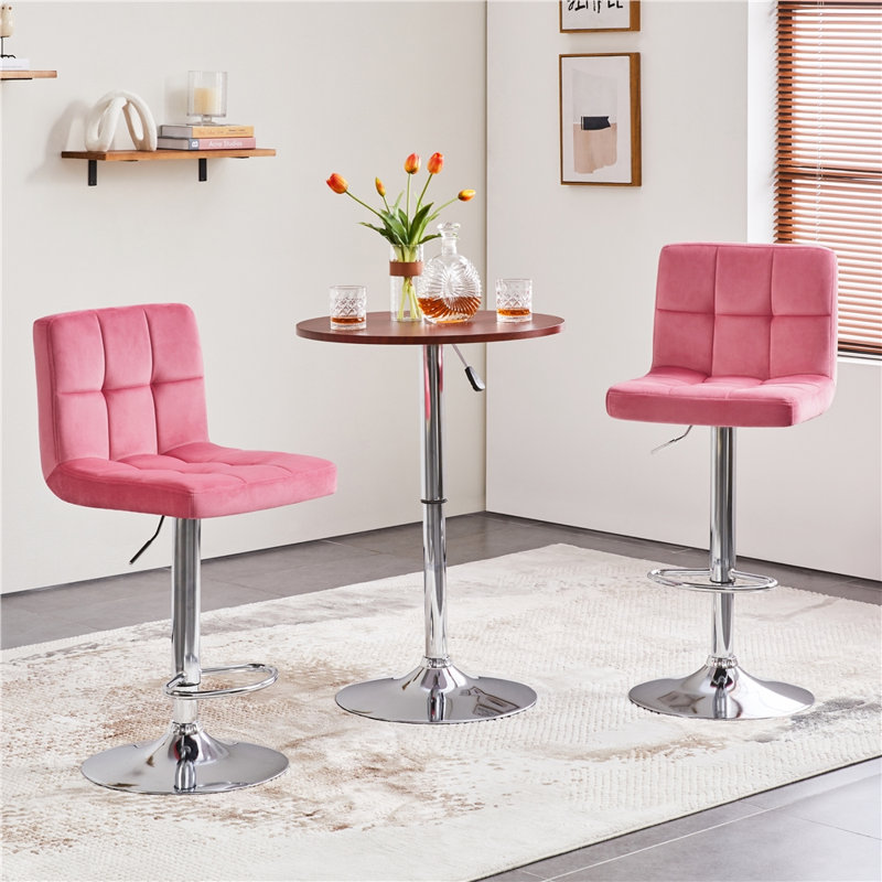 Swivel Upholstered Adjustable Bar Stool with Large Pedestal Base, Pink