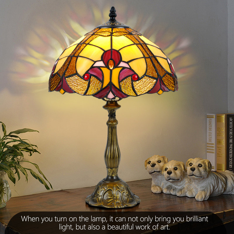 12 Inch Tiffany Style Table Lamp with 9W LED Bulb - Handcrafted Baroque Stained Glass, Heavy Stable Base, Easy Assembly Decor for Bedroom, Living Room & Office