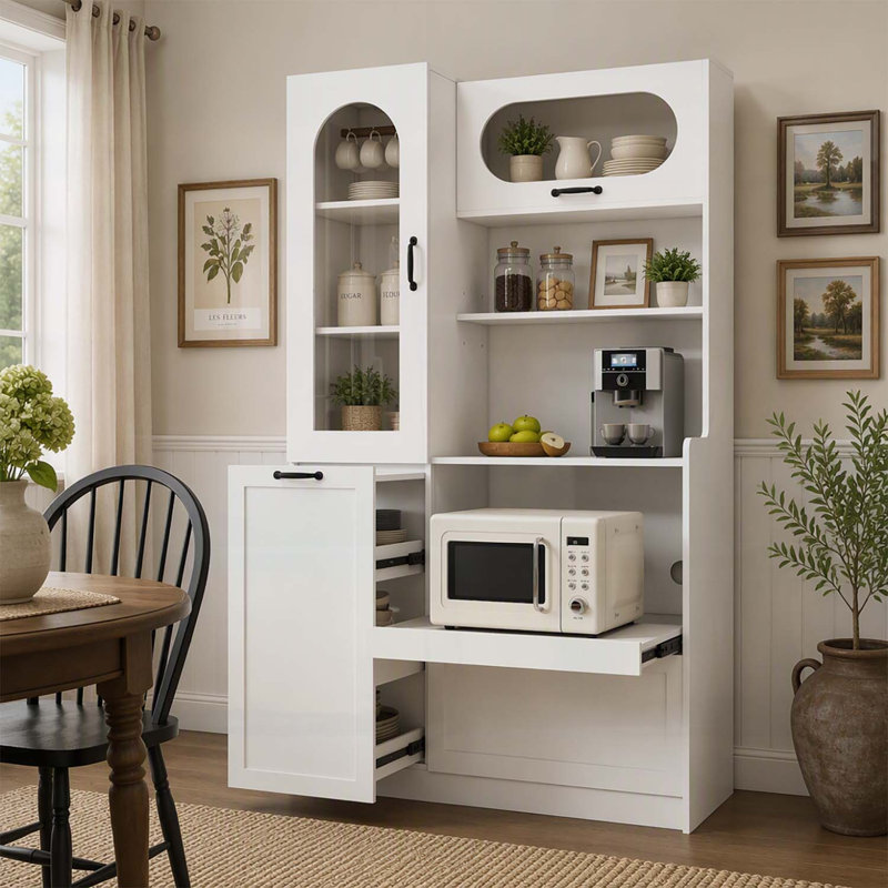 Armoire de cuisine autoportante haute avec porte vitrée cintrée, porte relevable et tablettes réglables pour un rangement efficace