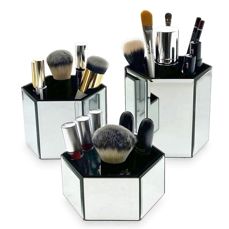 Plateaux à miroir hexagonaux pour le maquillage / cosmétiques, brosses, Argent