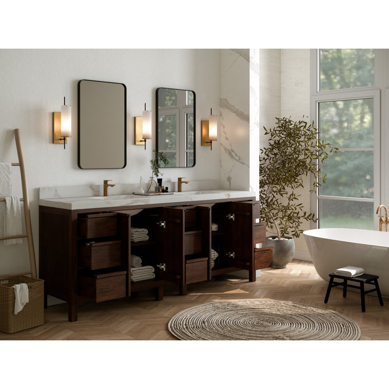 84'' Dark Walnut Teak Double Bathroom Vanity with Quartz Top