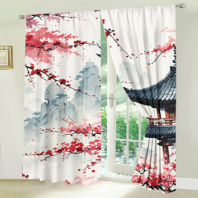 2Pcs Japanese Style Cherry Blossom Pagoda Curtains, Ink Wash Painting Scenery  Light Filtering Curtain For living bedroom Kitchen Rod Pocket Window Drapes, Traditional Asian Art Treatment
