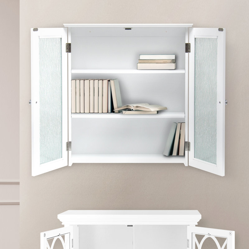Armoire murale amovible à deux portes avec verre texturé à l'eau et tablettes réglables, Blanc