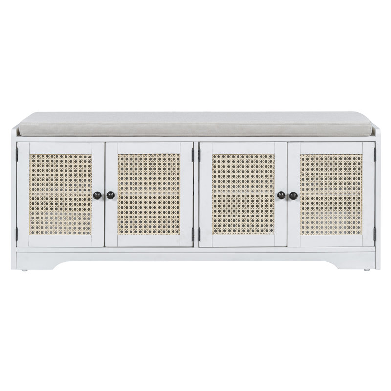 Rustic Storage Bench With Removable Cushion, Woven Rattan Doors & Adjustable Shelves For Entryway, Beige