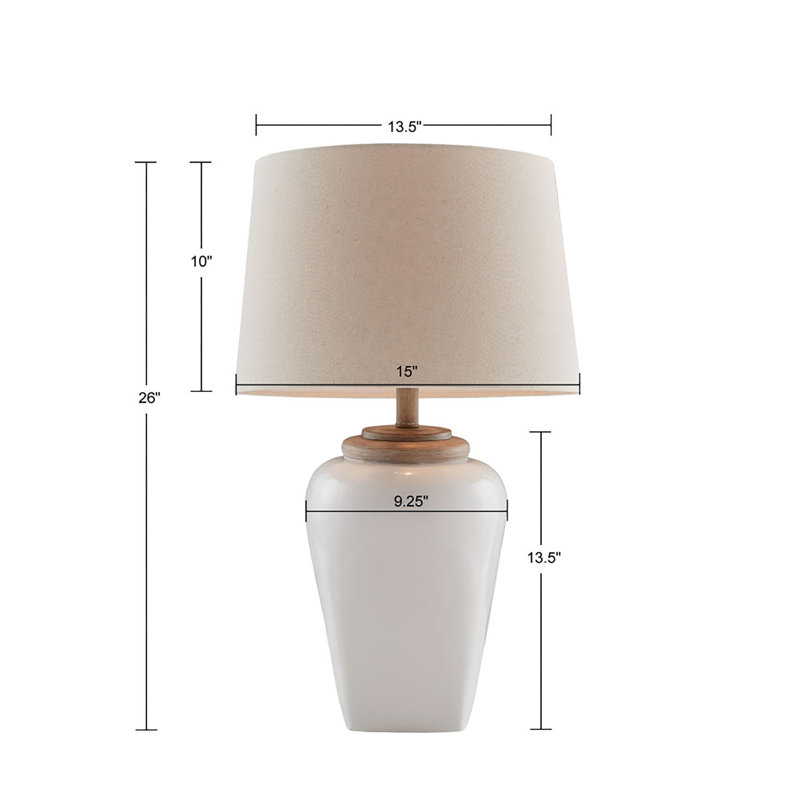 White Ceramic Table Lamp with Light Wood Accents and Empire Shade
