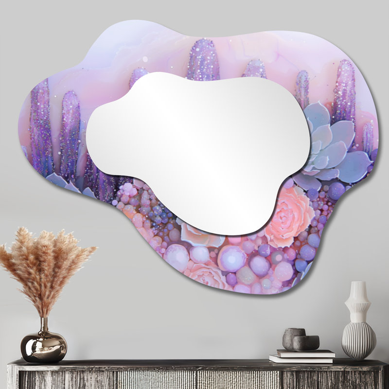 Miroir mural mauve irrégulier - Aura lavande de cactus dans le Nevada, imprimé sur métal, 27 po x 35 po