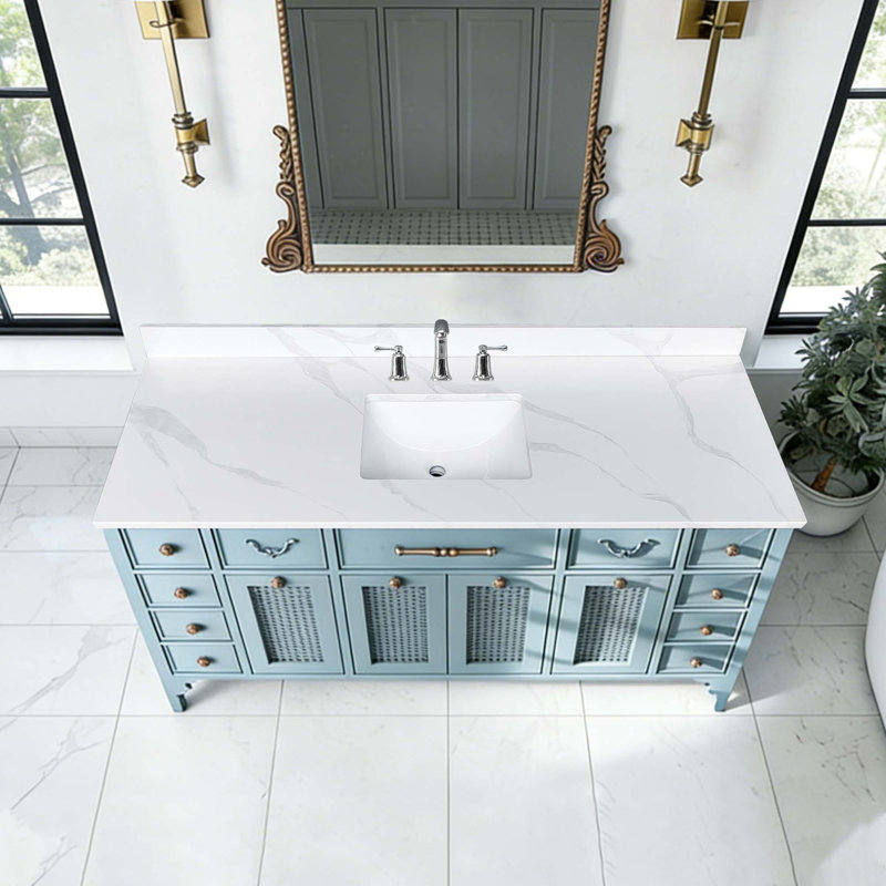Plateau de meuble-lavabo en quartz de qualité supérieure avec lavabo encastré intégré et dosseret haut