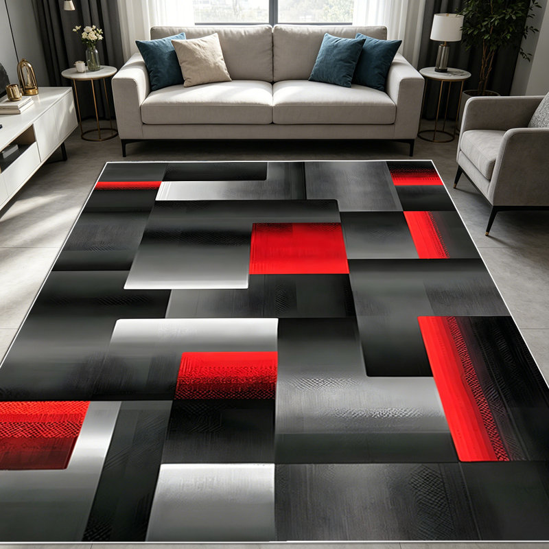 1PC 3D Metallic Geometric Abstract Black Red Silver Tone area rugs for Living Room, Soft and Comfortable, Suitable for all seasons, easy-to-maintain, machine washable Indoor floor mat, Under Table Farmhouse suitable for dining room, bedroom,