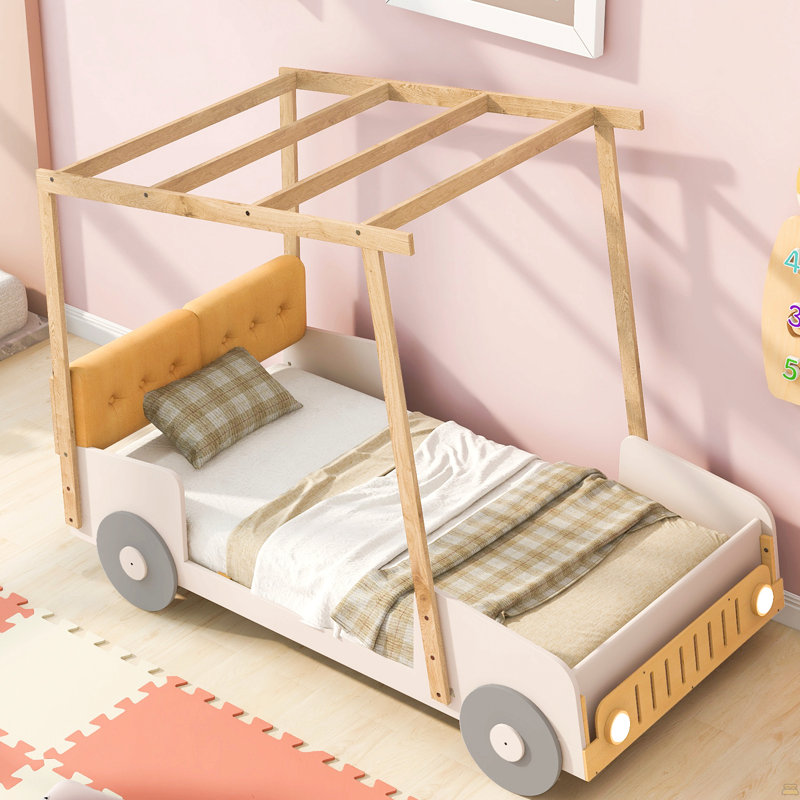 Lit voiture simple en bois avec coussin, toile de plafond