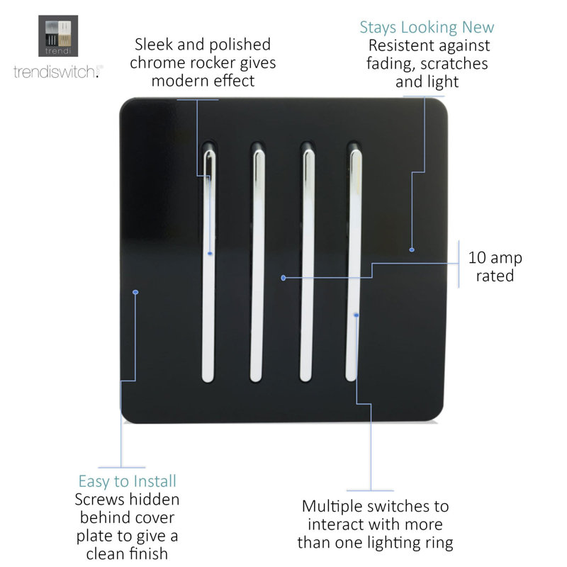Trendi Switch 4 Gang 1 or 2 way Rocket Light Switch, Black