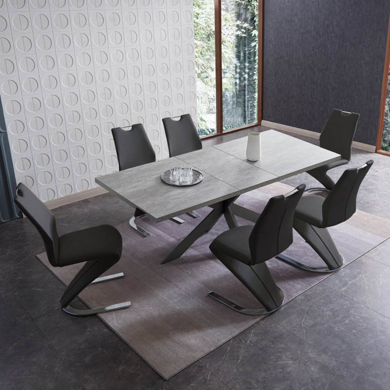 Modern Dining Table Butterfly Leaf Set with "Z" Chairs for 6, Black, Grey