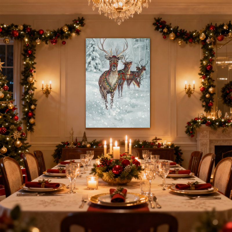 Renne de Noël dans une forêt enneigée, ensemble de 3 reproductions d'art sur toile, H 24 po x l 16 po