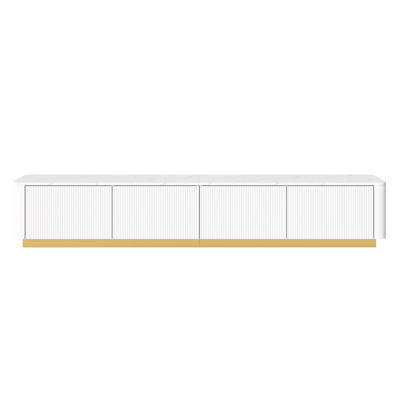 Meuble télé de luxe avec 4 tiroirs, base dorée, finition en faux marbre blanc et esthétique cannelée incurvée, White