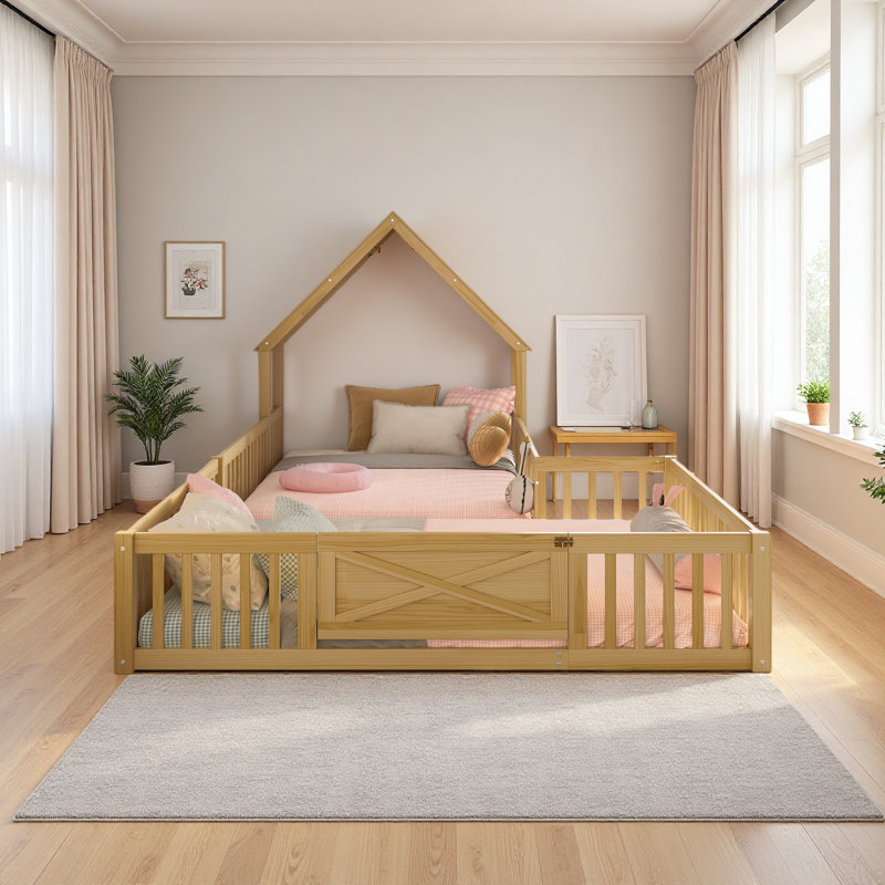 Lit de maison, lit de plancher avec porte et garde-corps pleine longueur, conception multifonctionnelle,, Lit double, Naturel