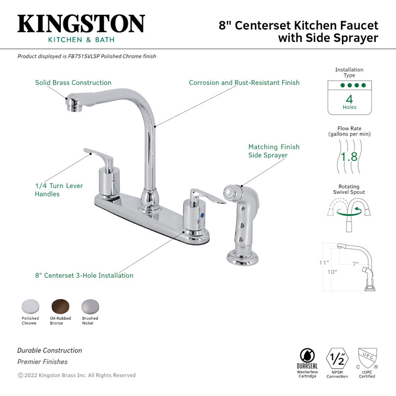 Kingston Brass Serena Two-Handle 4-Hole 8" Centerset Kitchen Faucet with Plastic Side Sprayer, Brushed Nickel