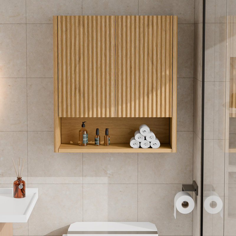 26"WX29.5"H Wall-Mounted Toilet Storage Cabinet Bathroom Storage Cabinet with Striped Solid Wood Doors, Oak