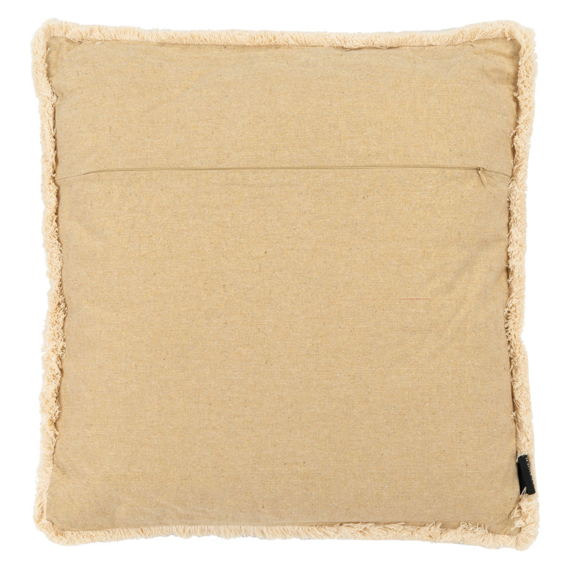 Beige and White Cotton Blend Square Throw Pillow with Fringe