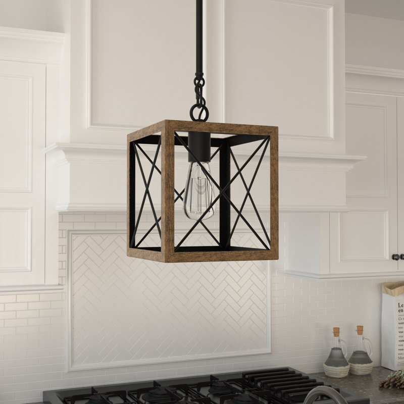 Luminaire suspendu carré / rectangulaire à 1 lumière pour îlot de cuisine Darlington, Bois de pin / zinc vieilli