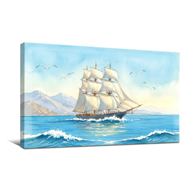 Nautique et plage, voilier, océan, vagues, montagnes, ciel, oiseaux, voilier