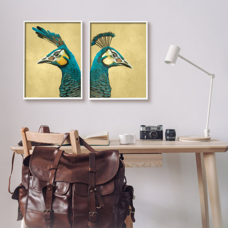 «Teal Peacock Portraits», impression sur bois 2 pièces, Giclée encadrée blanc bord de mer, H 20 po x l 32 po x P 1,5 po
