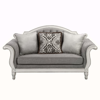 Causeuse Florian en tissu gris et blanc antique avec 3 coussins